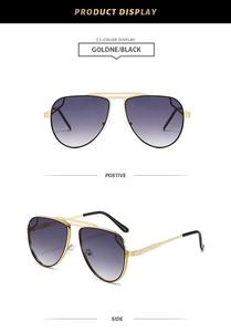 Front and side view of classic golden pilot sunglasses with grey gradient lenses