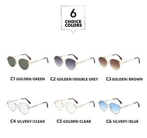 Six colors of classic metal round frame sunglasses with rhinestone accents and ball details