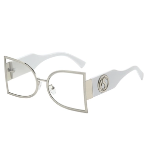 Modern white and silver semi-round metal frame sunglasses with wide branded temples