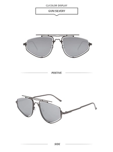Detailed view of gunmetal polygonal double bridge metal sunglasses in gray lenses