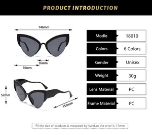 Detailed size chart for cat eye sunglasses with precise frame measurements and specs