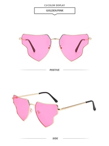 Front and side view of gold metal heart-shaped sunglasses with pink lenses