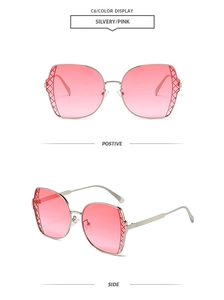 Detail of silver polygon sunglasses with pink gradient lenses and lattice cutout frames
