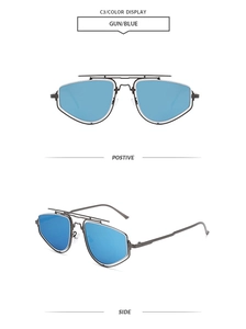 Detail of gunmetal double bridge polygon sunglasses with blue lenses from two angles