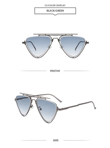 Front and side view of metallic triangle double bridge sunglasses with gradient lenses