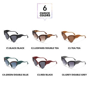 Matrix display of six color options for retro cat-eye sunglasses with gradient lenses