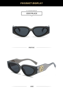 Detail view of Y2K cat eye sunglasses featuring gray frames and golden metal S logos