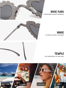 Detail view of heart-shaped sunglasses featuring nose pads, hinges and lifestyle use cases