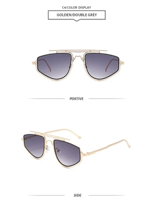 Detail of golden metal aviator sunglasses with double grey gradient lenses and side view