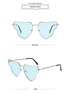 Front and side views of silver heart-shaped sunglasses with light blue lenses