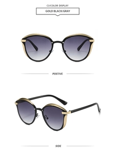 Vue de face et de profil de lunettes œil-de-chat avec monture dorée et verres dégradés