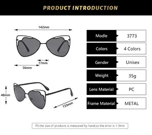 Spécifications de taille détaillées pour lunettes de soleil papillon avec monture métal