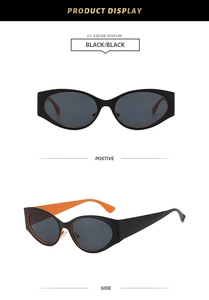 Front and side display of retro oval sunglasses with black frames and orange accents