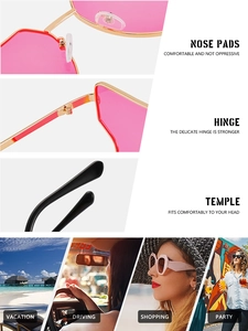 Detail view of pink lens sunglasses showing adjustable silicone nose pads and metal hinges