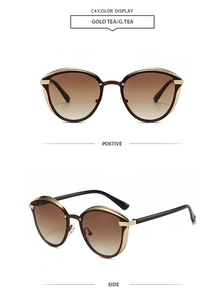 Vues détaillées de lunettes de soleil œil-de-chat dorées avec verres dégradés thé et métal
