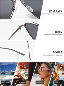 Detail view of durable metal hinges and soft nose pads on trendy triangular sunglasses