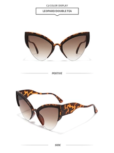 Detail view of leopard print cat eye sunglasses with gradient tea lenses and side profile
