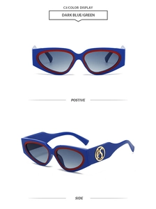 Front and side views of Y2K cat-eye sunglasses in deep blue with red accent and gold logo