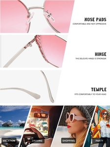 Detail of silver metal frame sunglasses with pink lenses for vacation and driving