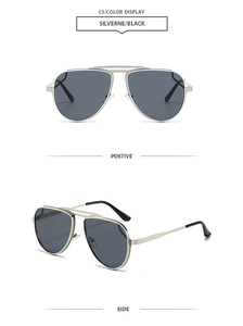 Silver metal aviator sunglasses with black lenses and double bridge design detail