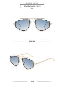 Close-up of golden metal double bridge frame with blue gradient lenses in a punk style