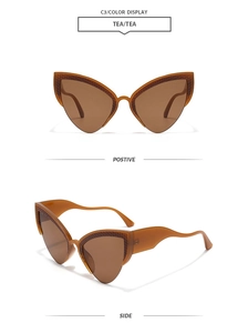Detailed front and side views of tea-colored cat-eye sunglasses with snake texture frame