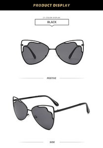 Détails des vues avant et latérale de lunettes de soleil à monture papillon ajourée
