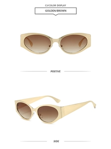 Front and side views of golden cat eye sunglasses with brown gradient lenses