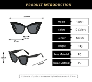 Detailed size specifications for trendy black polygon cat-eye unisex sunglasses