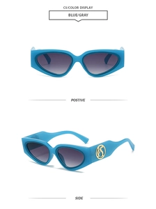 Detail view of blue Y2K cat eye sunglasses with gold metallic logo on the temple