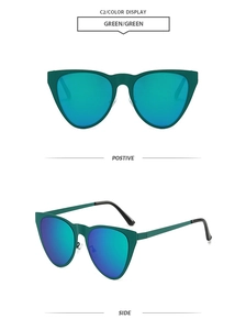 Green cat eye sunglasses with blue-green reflective lenses and metal nose pads