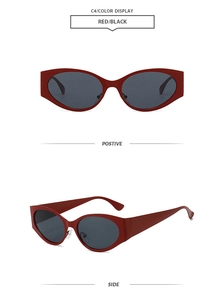 Front and side view of red oval cat-eye sunglasses with dark lenses for fashion wear