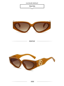 Detailed views of tea-colored cat eye sunglasses with golden circular metal hardware