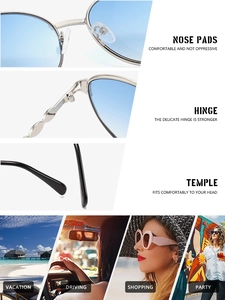 Detailed views of silver metal round sunglasses with nose pads and scene display