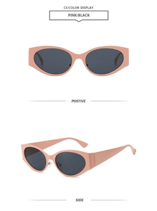 Front and side views of vintage pink oval sunglasses with dark lenses on white background