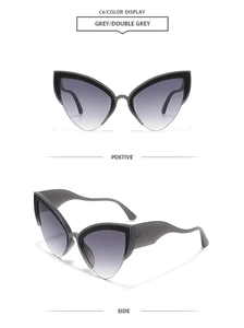 Grey cat eye sunglasses with gradient lenses and textured frame details, front and side view