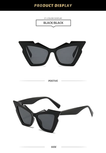 Detail view of black geometric cat-eye sunglasses with polished frames and dark lenses