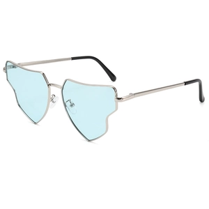 Irregular heart shaped blue lens sunglasses with silver metal frame for street style