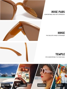 Detailed views of cat-eye sunglasses featuring reinforced hinges and stable nose pads