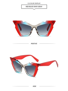 Detailed front and side views of geometric cat-eye sunglasses with red blue gradient frames