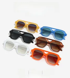 Flat lay of retro square sunglasses in six colors with double-bridge frame design
