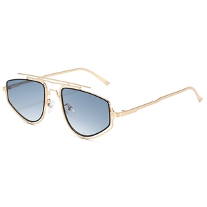 Fashionable polygon metal double-bridge sunglasses with blue gradient lenses for a retro look