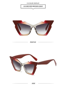 Detail view of C3 red brown geometric sunglasses with gradient lenses in side and front views