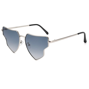 Fashion heart-shaped sunglasses with silver metal frame and blue gradient lenses for women