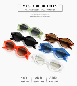 Detailed collection of retro oval sunglasses in green, black, orange, and blue finishes
