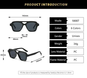Detailed technical dimensions and frame specifications for double-bridge square sunglasses