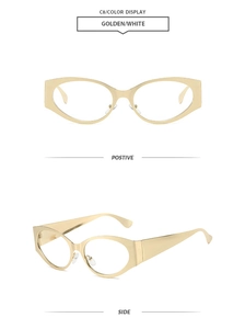 Detailed views of gold metal cat-eye eyeglass frames with clear lenses and nose pads