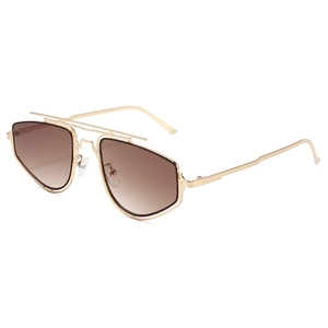 Modern double-bridge aviator sunglasses with gold metal frame and brown gradient lenses