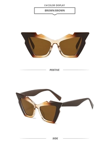 Detail view of stylish brown gradient cat-eye sunglasses with side and front angles