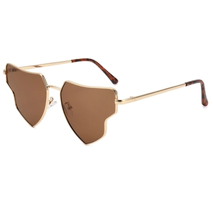 Unique heart-shaped metal frame sunglasses with brown lenses and golden metal temples